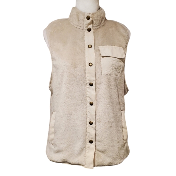 Volcom Fleece Vest Womens Size XS Beige Mock Neck Snap Button Outdoor Hiking - Picture 2 of 13
